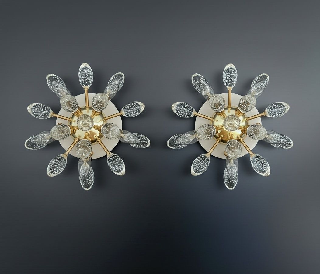 Pair Of Murano Brass Sputnik Wall Sconces / Ceiling Lights photo for sale