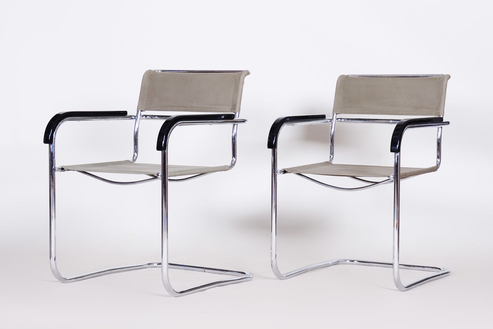 Pair Of Czech Bauhaus Armchairs, Marcel Breuer And Thonet, Chrome, Fabric, 1930s