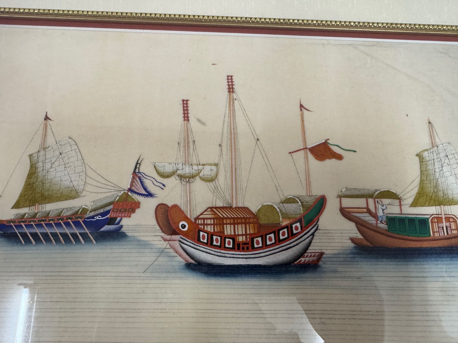 Set Of Six Chinese Rice Paper Paintings Of Boats photo vintage