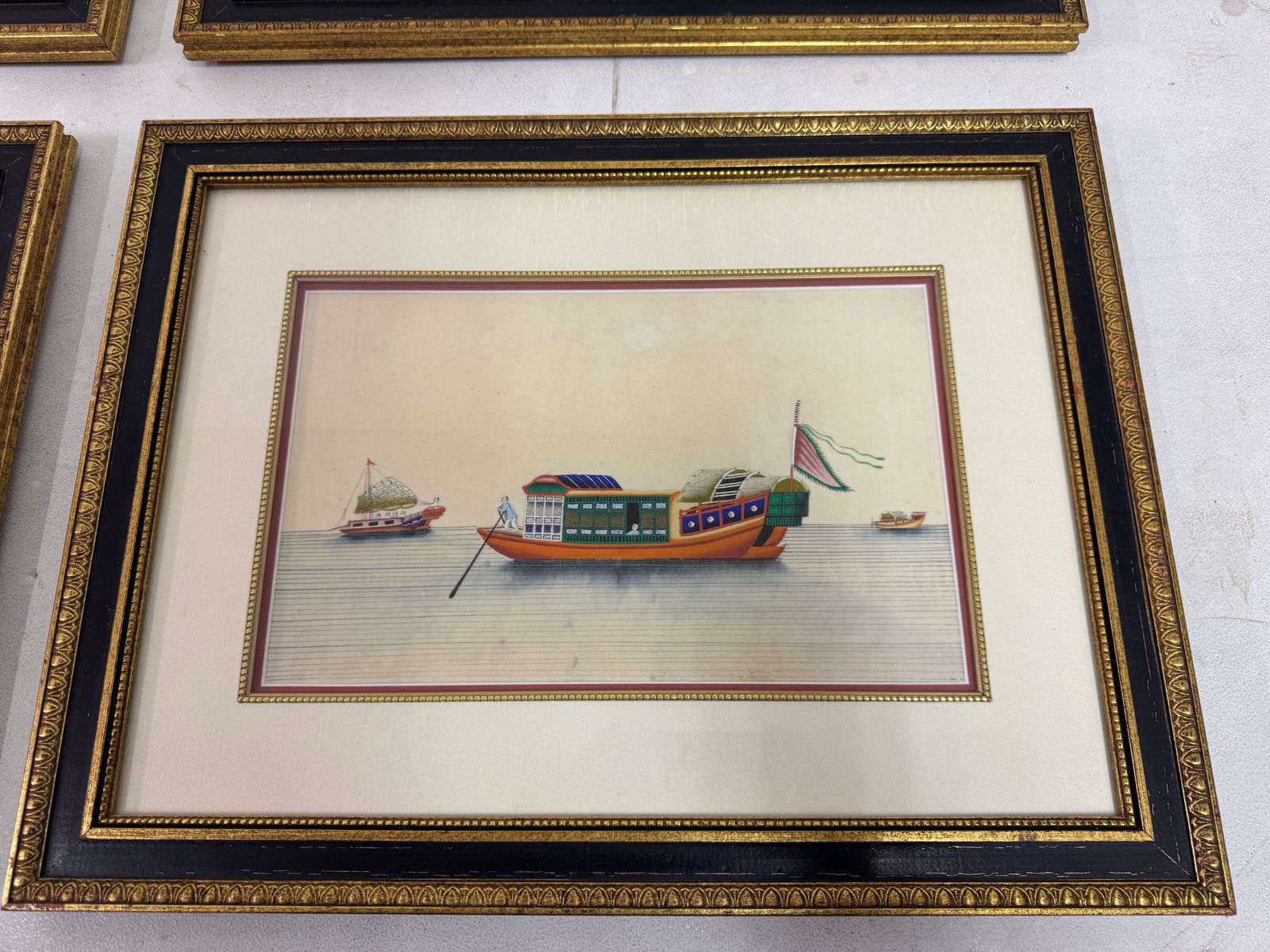Art Set Of Six Chinese Rice Paper Paintings Of Boats photo