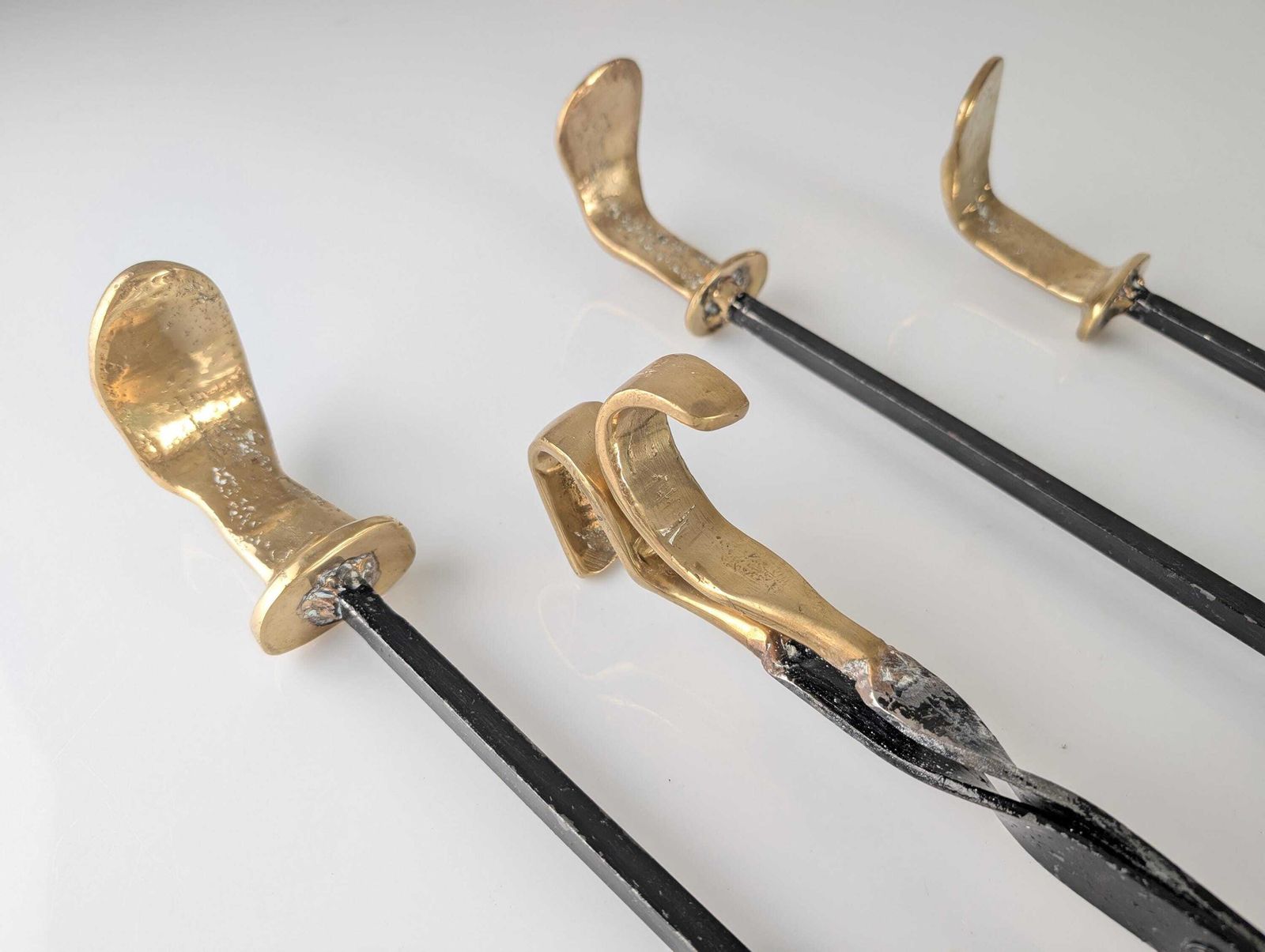 David Marshall Brutalist Brass And Iron Fireplace Tool Set, 1970s photo for sale