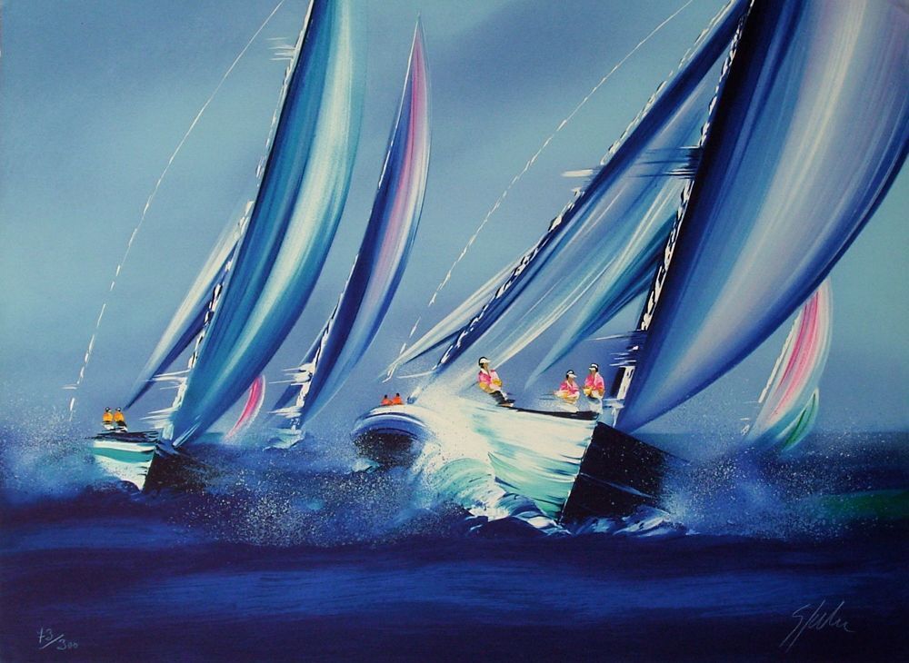 Victor Spahn Gesigneerde Lithografie Le Passage De La Lignée D'arrivée En Régate 1995