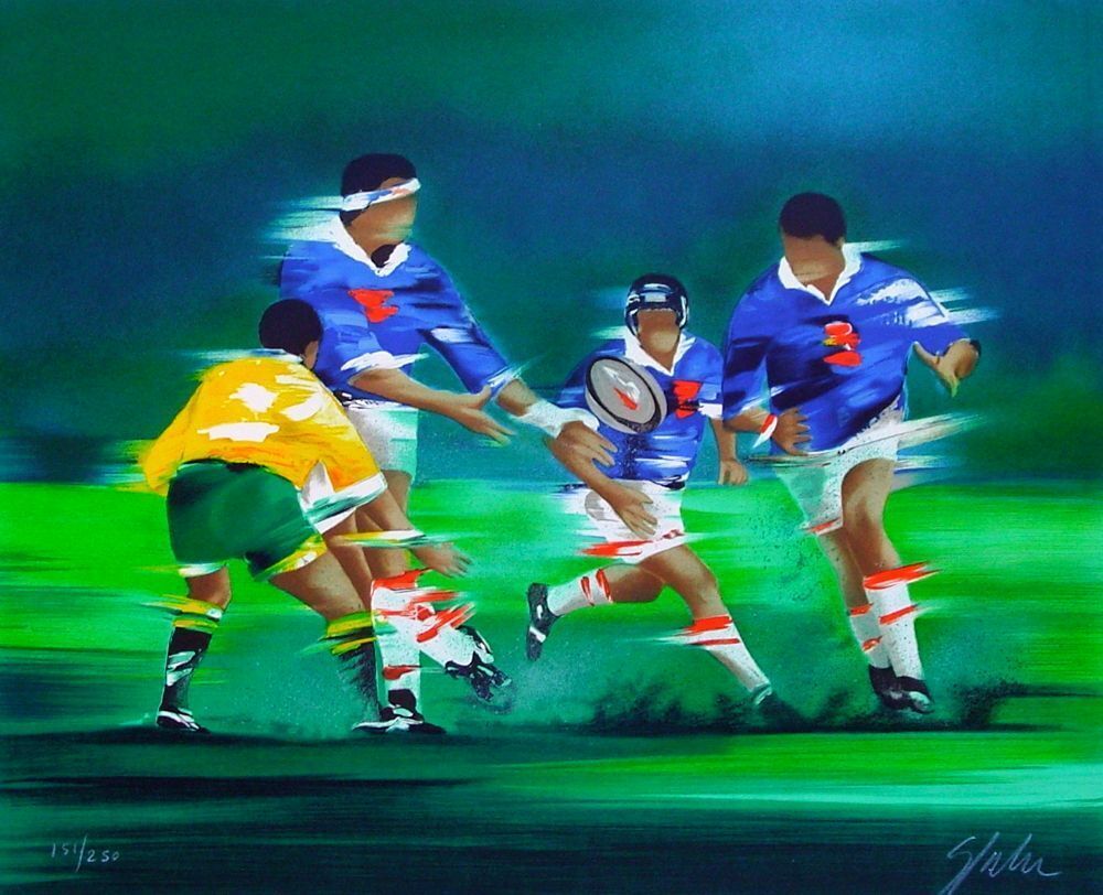 Victor Spahn Gesigneerde Lithografie Rugby 2000