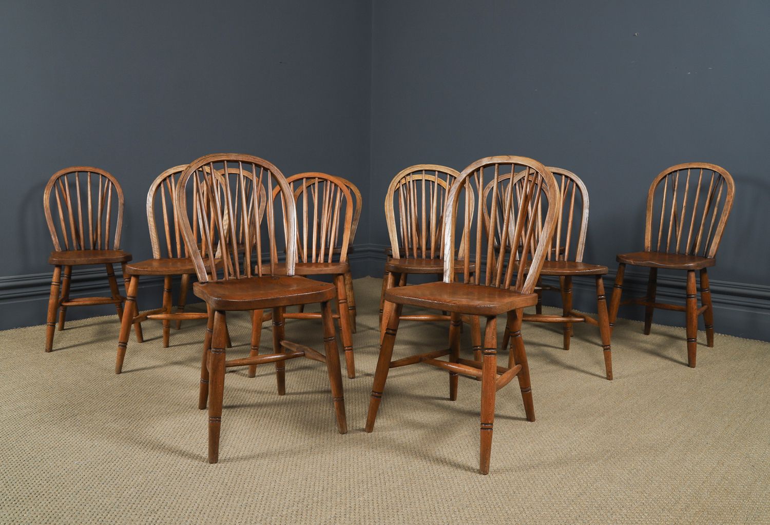 Set Of Twelve Ash & Elm Windsor Hoop & Stick Back Kitchen Chairs (Circa 1910) photo Furniture