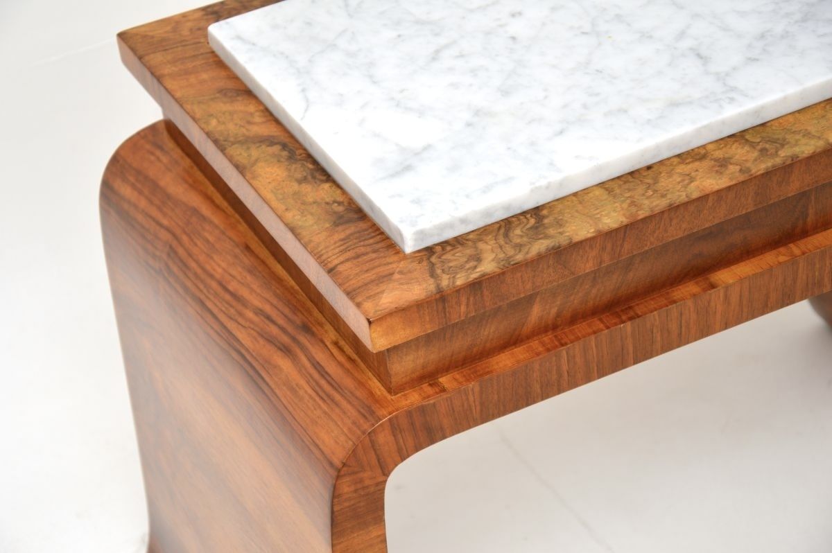 Art Deco Burr Walnut Marble Top Side Table photo vinterior