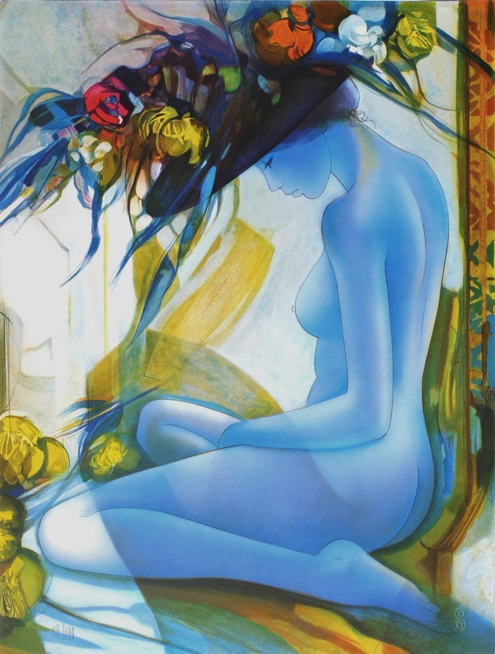 Lithographie signée Jean Baptiste Valadié, Chapeau aux fleurs jaune, 1990