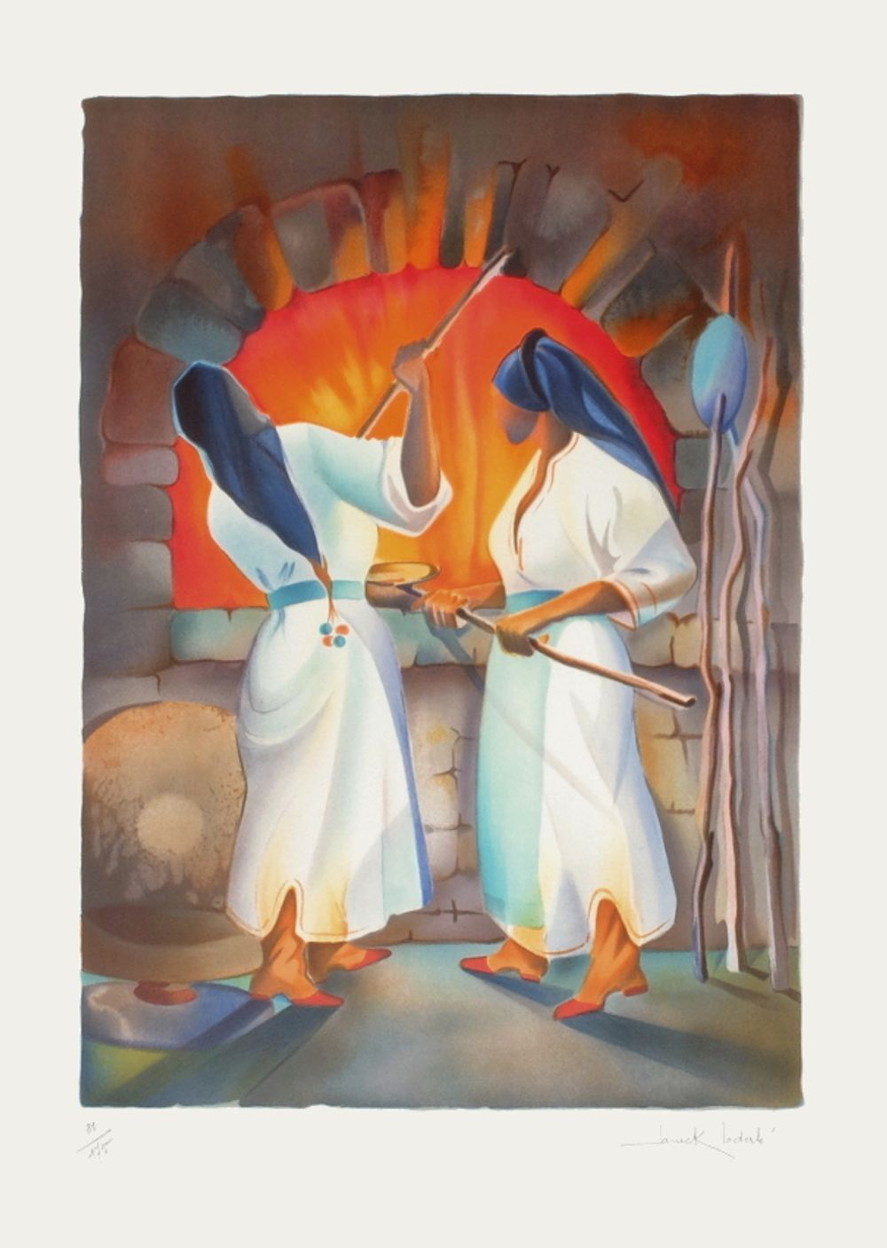 Lithographie signée Janick Lederle, Femmes de Mykonos, 1990