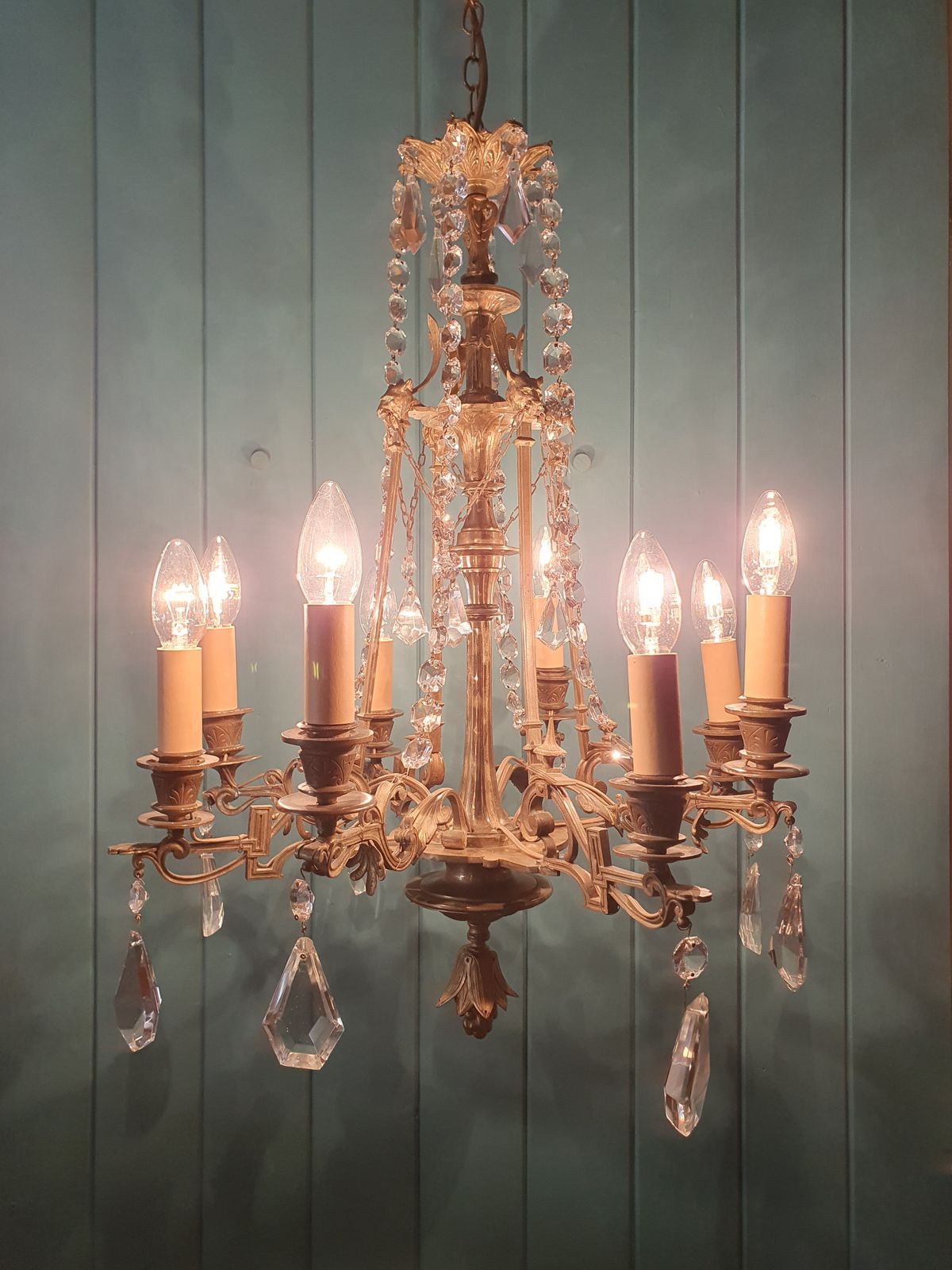 Circa 1900 Eight Arm Brass & Cut Glass Crystal Chandelier With Lion Masks 21" photo furniture