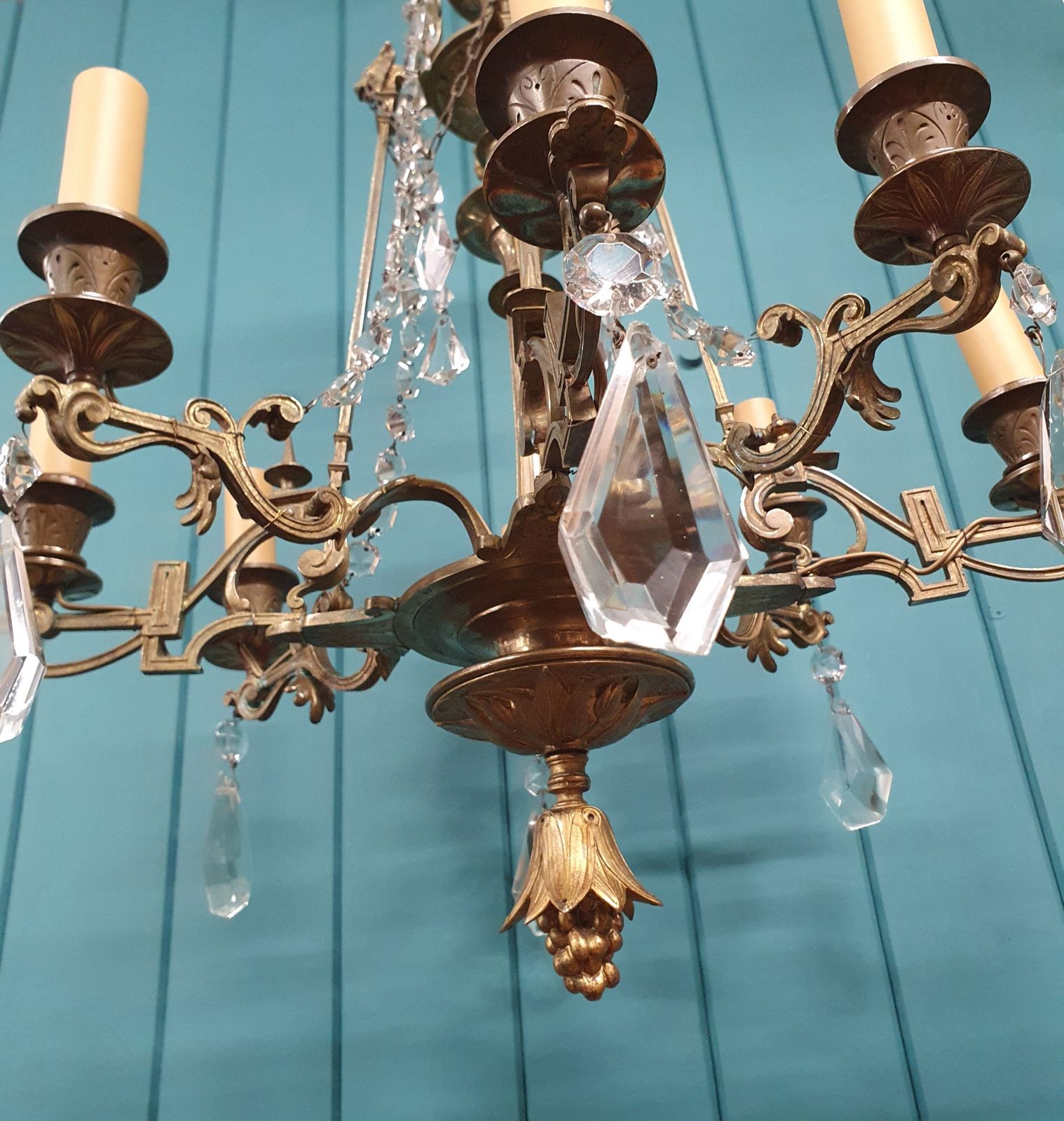 Circa 1900 Eight Arm Brass & Cut Glass Crystal Chandelier With Lion Masks 21" photo vintage