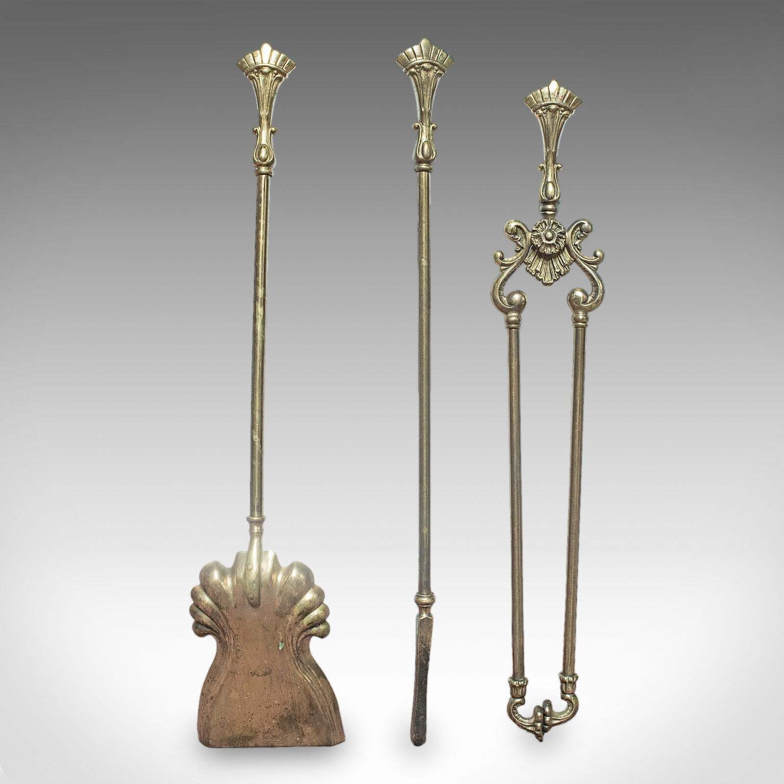 Set Of 3 Antique Fireside Tools, English, Tongs, Poker, Art Nouveau, Victorian photo Home Fixtures