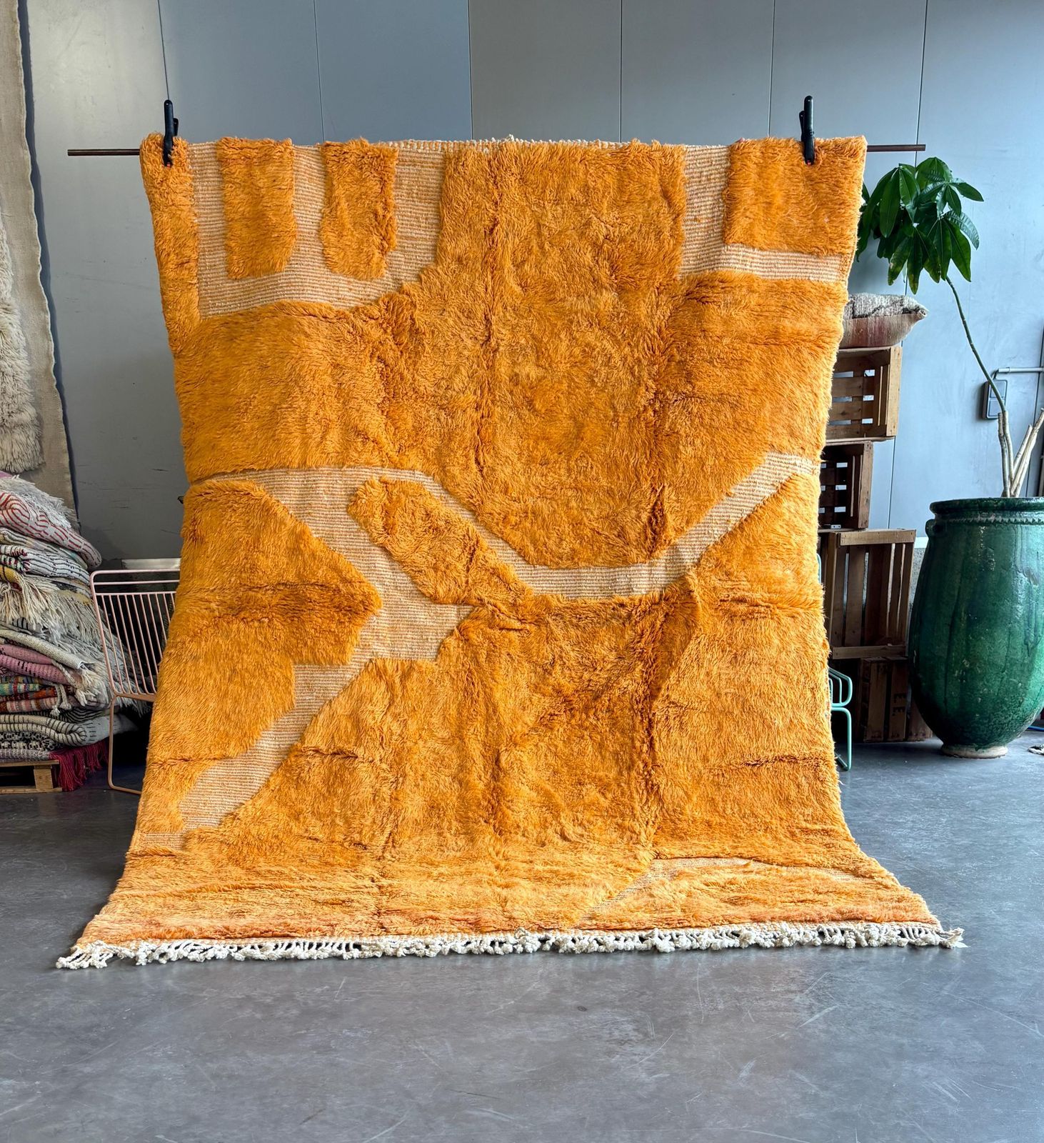 Handgemaakte Marokkaanse Mrirt vloerkleed – Burnt Orange wollen vloerkleed 200x300 cm – Modern getextureerd tapijt – Abstract dessin – Groot woonkamer vloerkleed