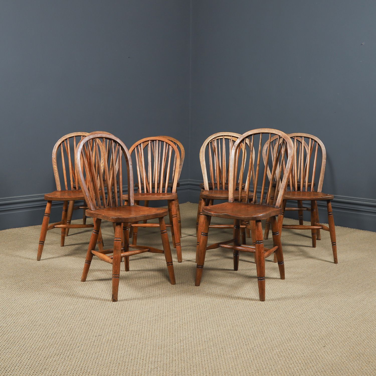Set Of 10 Ash & Elm Windsor Hoop & Stick Back Dining Chairs (Circa 1910) photo for sale