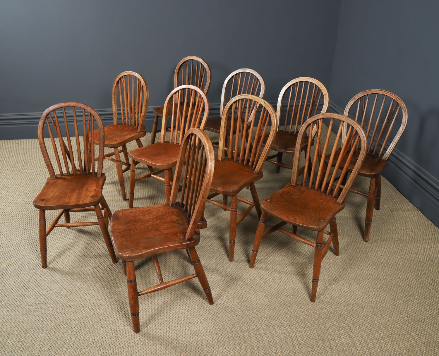 Set Of 10 Ash & Elm Windsor Hoop & Stick Back Dining Chairs (Circa 1910) photo vinterior