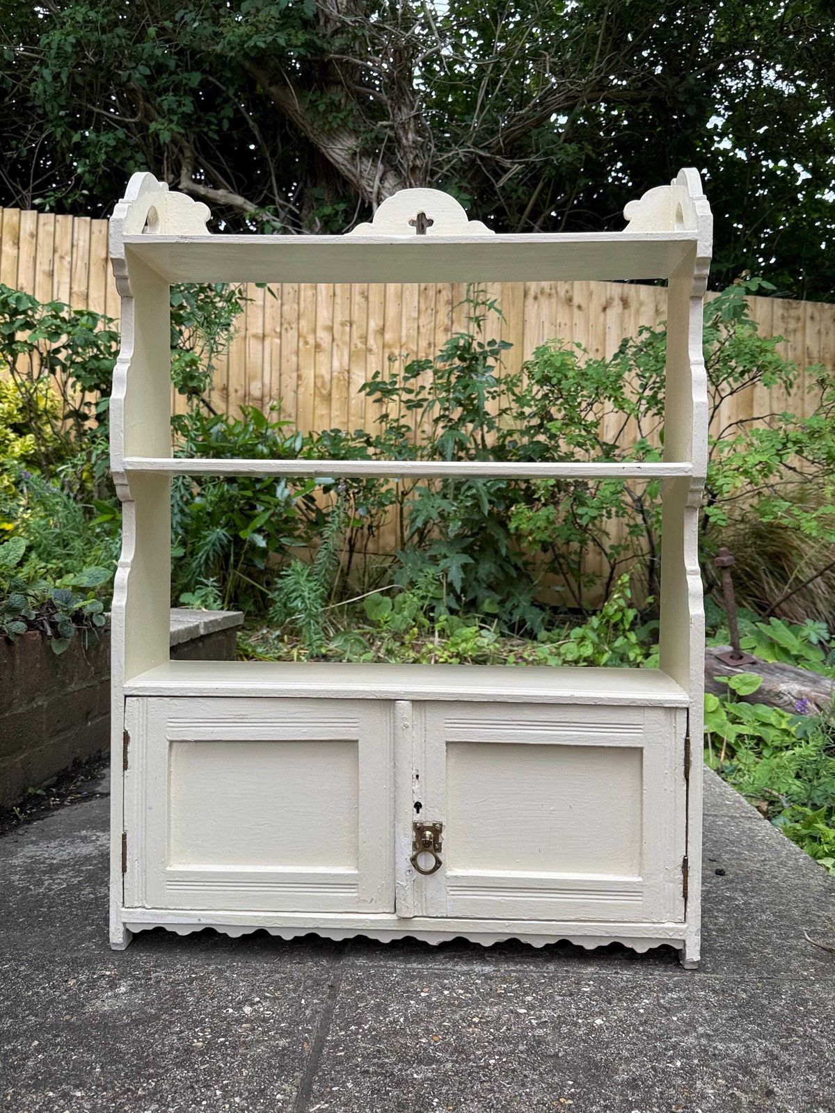 295.0 Antique Victorian Painted Wall Shelf Cabinet Rustic Cottage Hanging Cupboard With Key photo