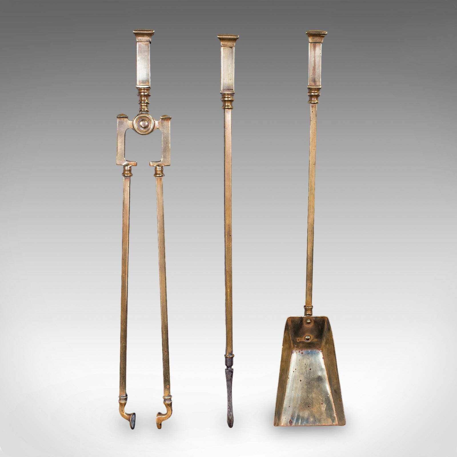 Trio Of Antique Fireside Tools, English, Brass, Poker, Tongs, Shovel, Victorian photo furniture
