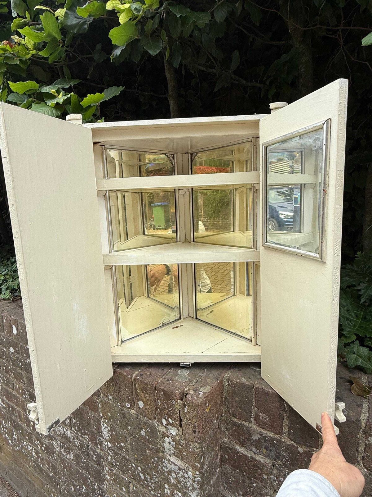 Unusual And Unique Antique Painted Corner Cabinet, Mirrored Wall Cupboard Rustic Decor And Art photo buy