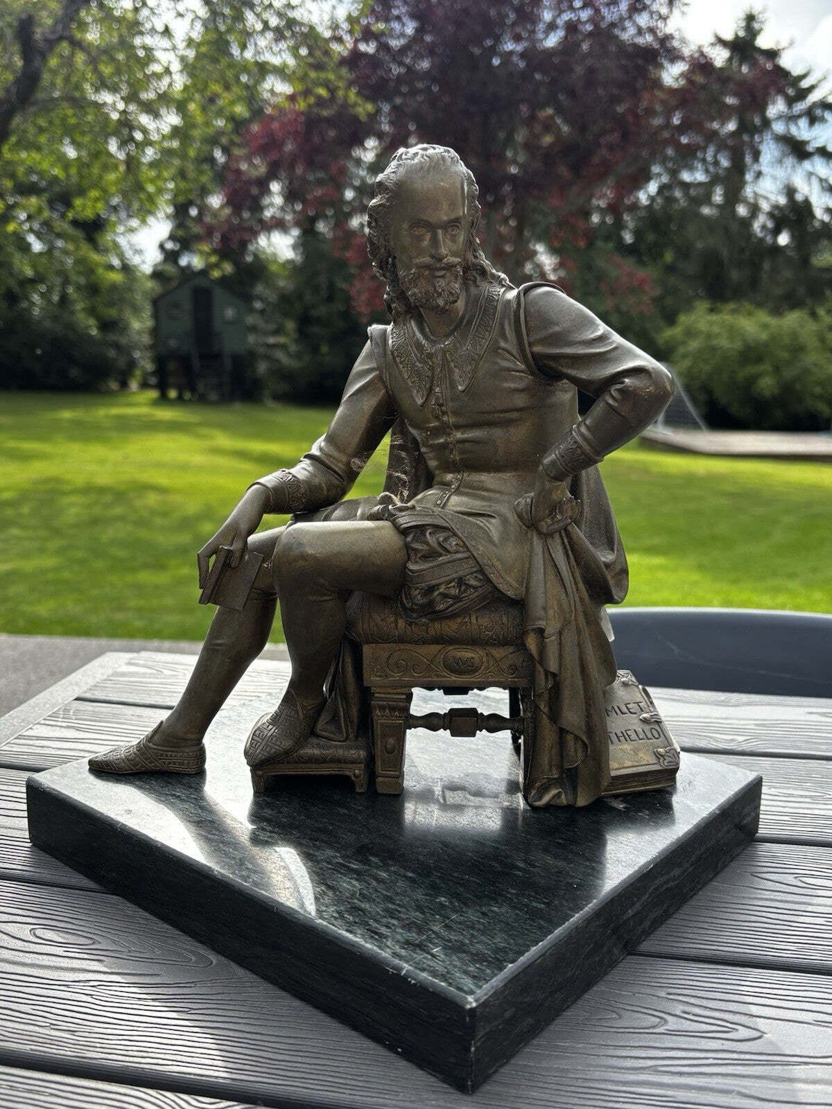 Victorian Gilt Bronze Figure Of William Shakespeare On Green Marble Base. photo furniture