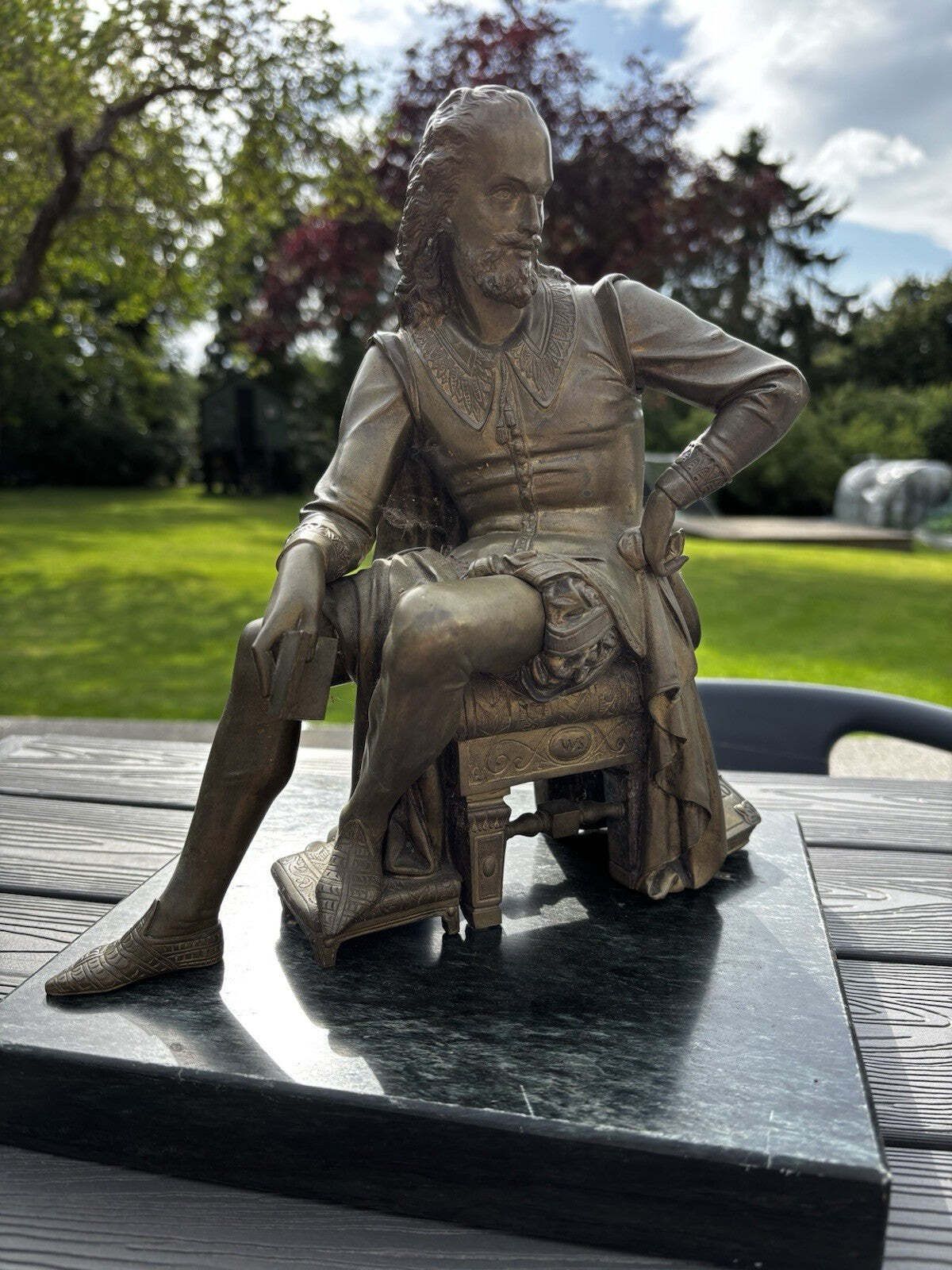 photo for sale Victorian Gilt Bronze Figure Of William Shakespeare On Green Marble Base.