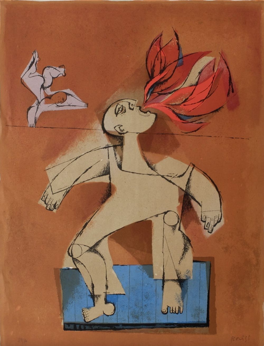 Samy Briss Gesigneerde Lithografie Les Saltimbanques Le Cracheur De Feu 1977