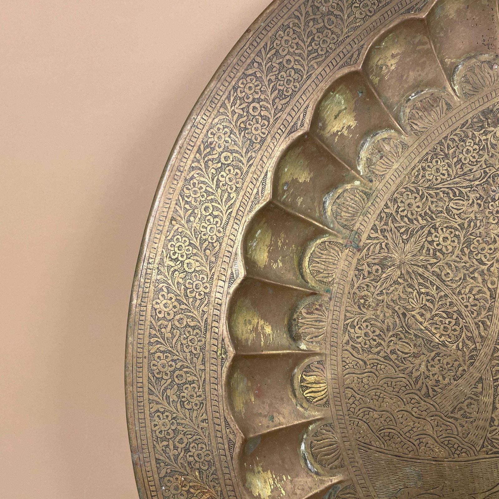 photo for sale Indian Metal Gold Patterned Brass Tray 58cm Plate Asian Handmade Etched Intricate Decorative Patterned Wall Art Round Vintage Antique