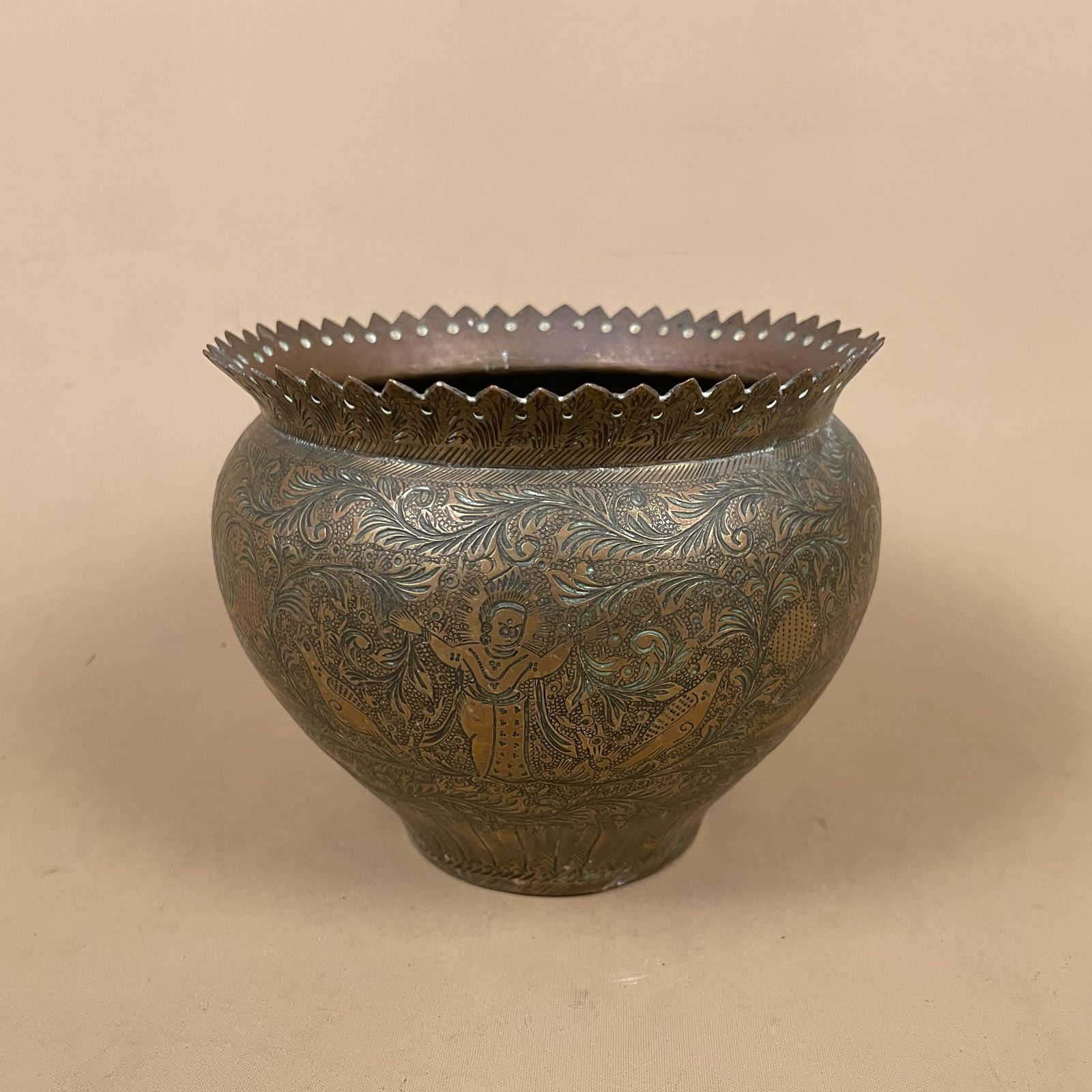 Antique Metal Gold Indian Patterned Brass Plant Pot Planter Jardiniere Asian Handmade Engraved Etched Intricate Vintage Urn Decorative India