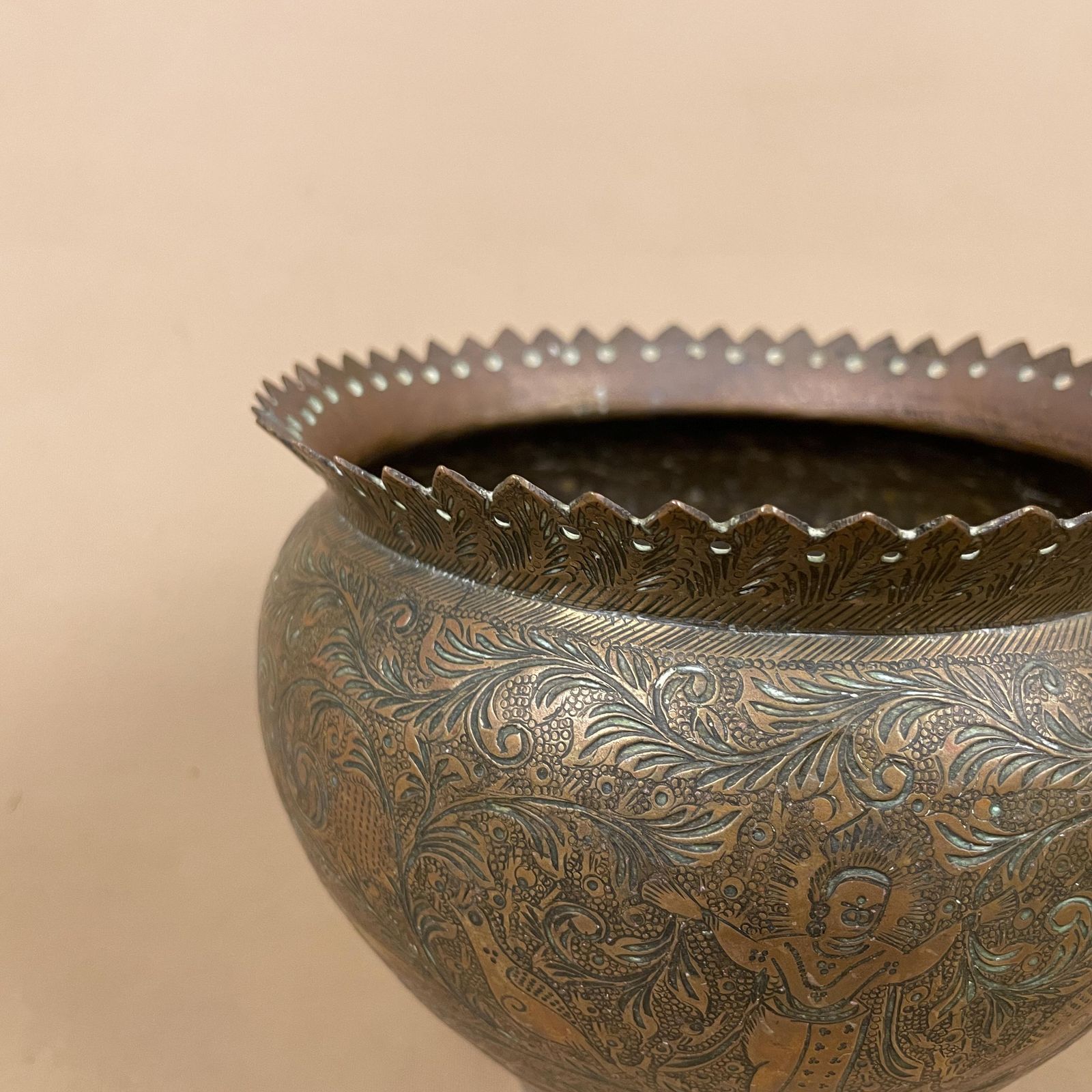 Antique Metal Gold Indian Patterned Brass Plant Pot Planter Jardiniere Asian Handmade Engraved Etched Intricate Vintage Urn Decorative India photo furniture