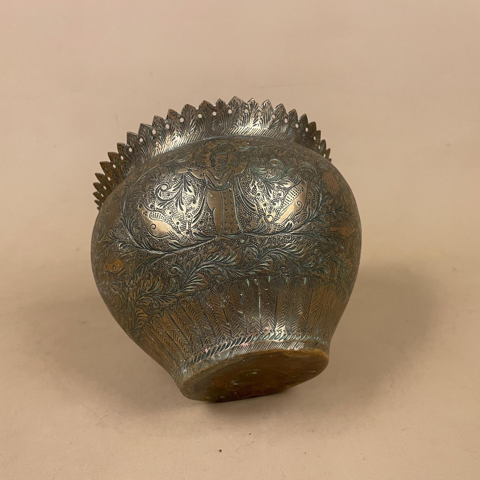 Antique Metal Gold Indian Patterned Brass Plant Pot Planter Jardiniere Asian Handmade Engraved Etched Intricate Vintage Urn Decorative India photo for sale