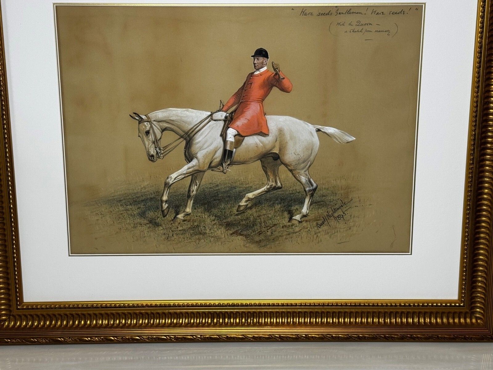 photo vinterior Groot 19e-eeuws jagerschilderij met de Quorn Hunt, Tom Firr te paard, gesigneerd Basil Nightingale