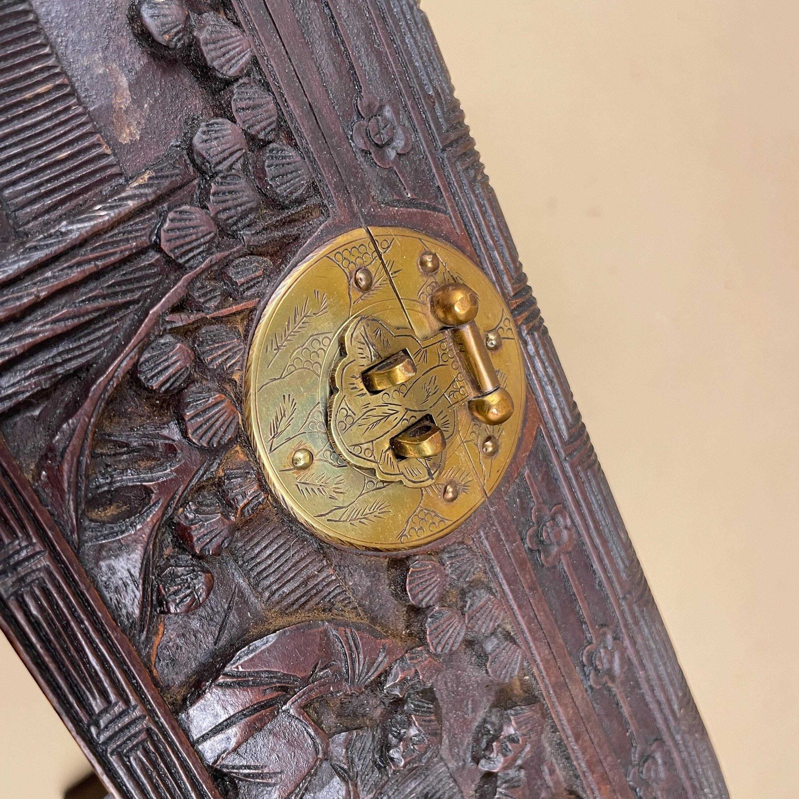 photo buy Oriental Wooden Box Trinket Jewellery Storage Keepsake Brown Wood Gold Brass Lock And Key Metal Trims Rectangle Antique Carved Pattern