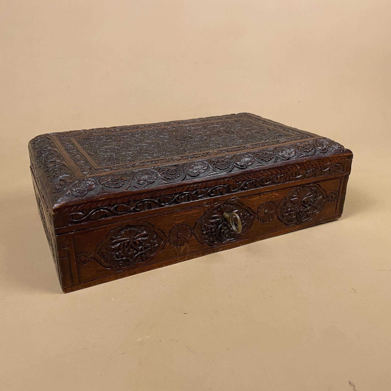 Hand Carved Wooden Box Floral Patterned Design Vintage Storage Trinket Jewellery Decorative Carved Keepsake Box Antique Rectangle Wood Key photo 69.0