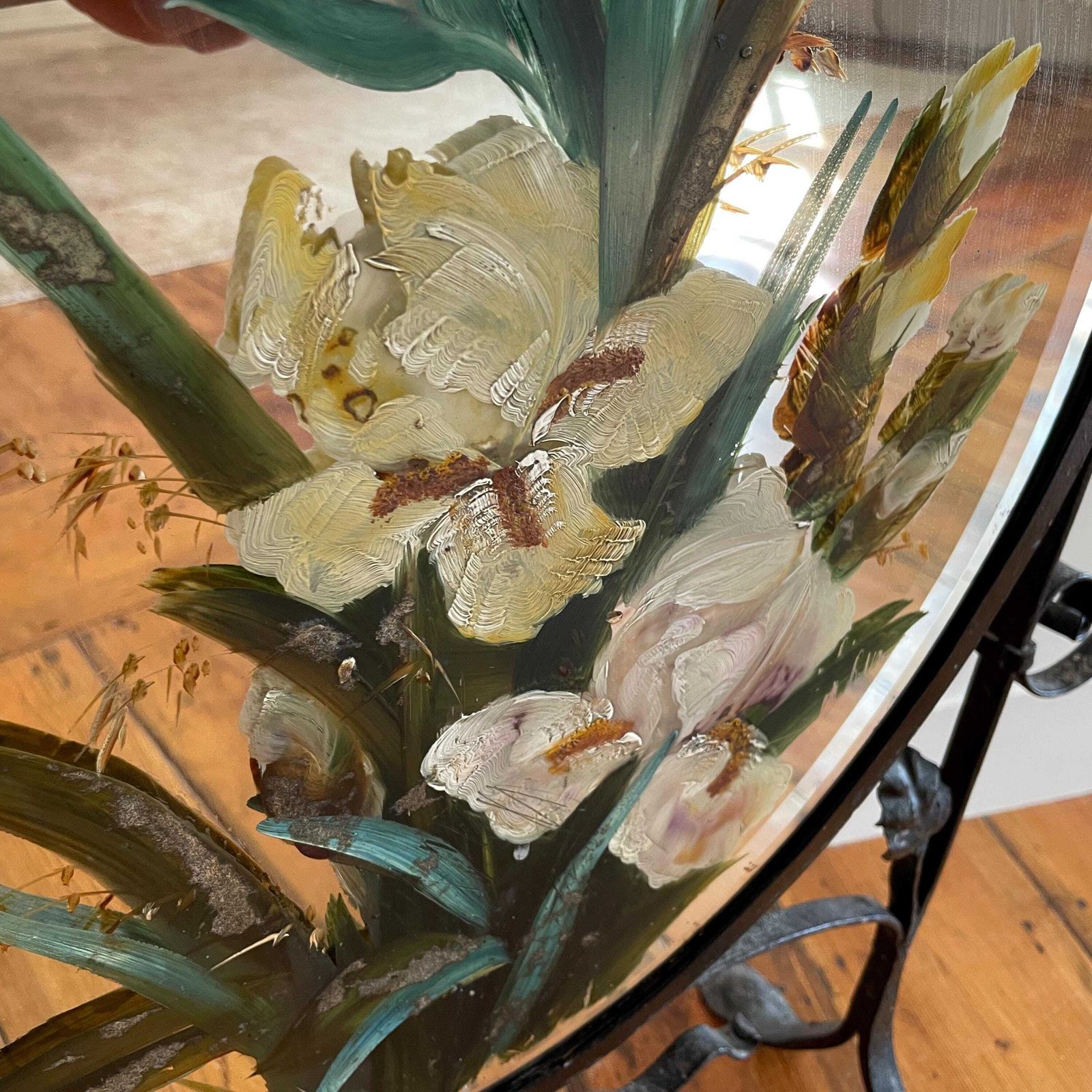 Antique Fireguard Fireplace Screen Metal Black Mirror Vintage Fire Guard Victorian Ornate Freestanding Floral Hand Painted Patterned photo vinterior