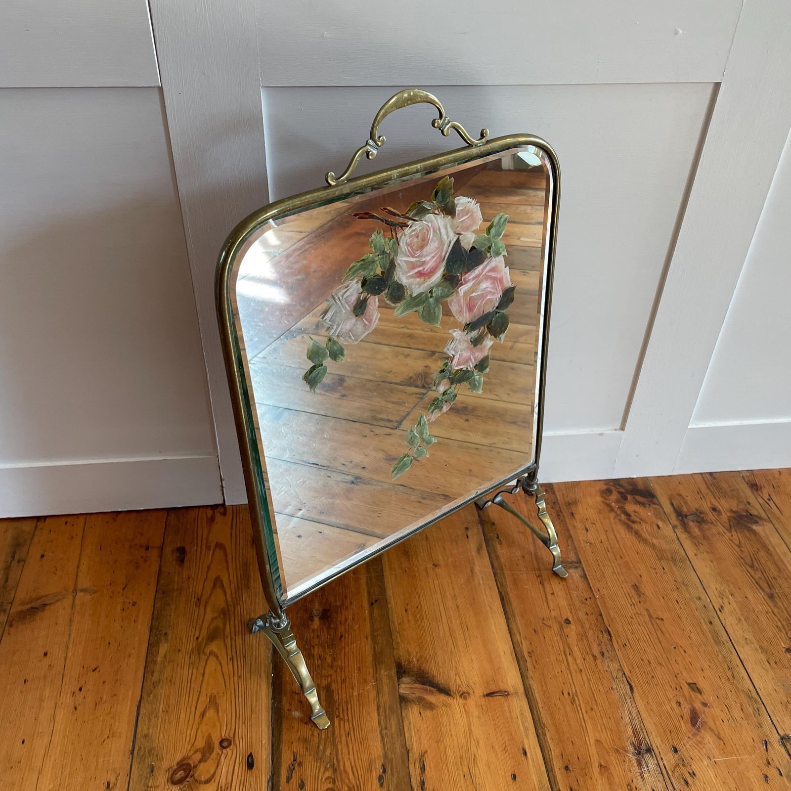 Antique Fireguard Fireplace Screen Metal Brass Gold Mirror Vintage Fire Guard Victorian Ornate Freestanding Floral Hand Painted Patterned photo vinterior