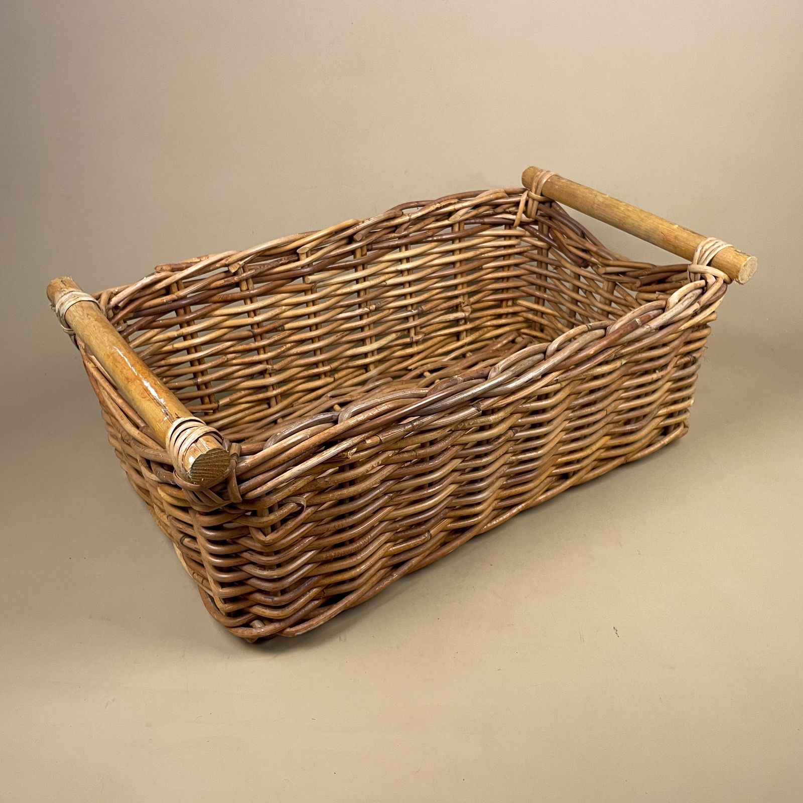 Rectangle Basket Woven Wicker Vintage Log Storage Wood Bar Ends Handles Wooden Cottage Farmhouse Brown Antique photo furniture