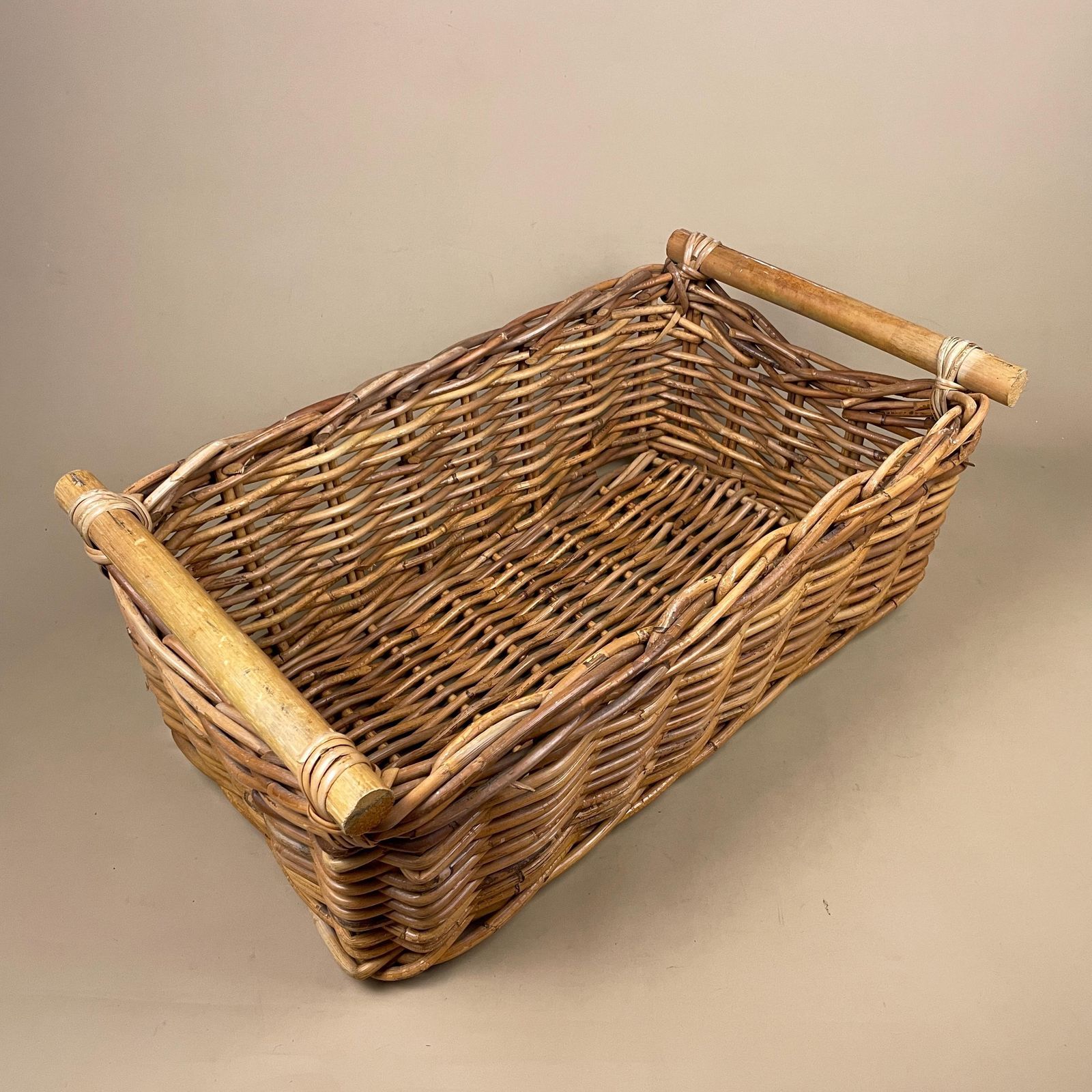 Rectangle Basket Woven Wicker Vintage Log Storage Wood Bar Ends Handles Wooden Cottage Farmhouse Brown Antique photo for sale