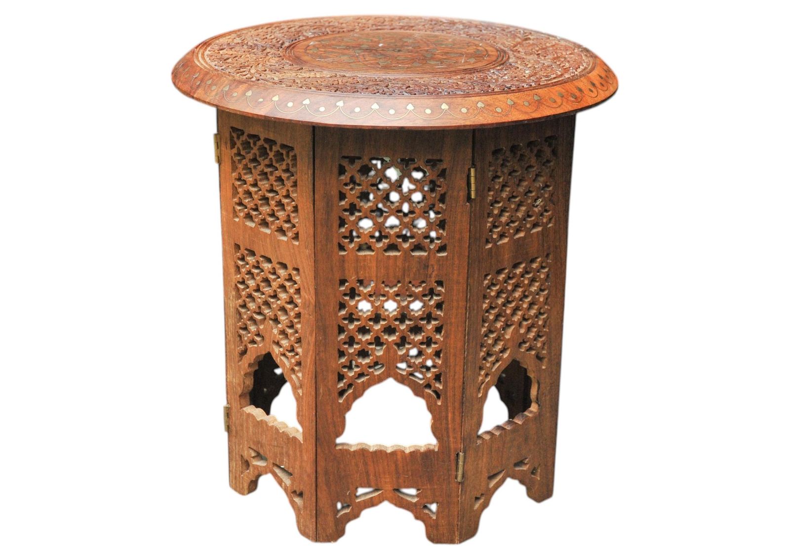Antique Middle Eastern Circular Carved Table With Repetitive Brass Floral Patterns. photo furniture