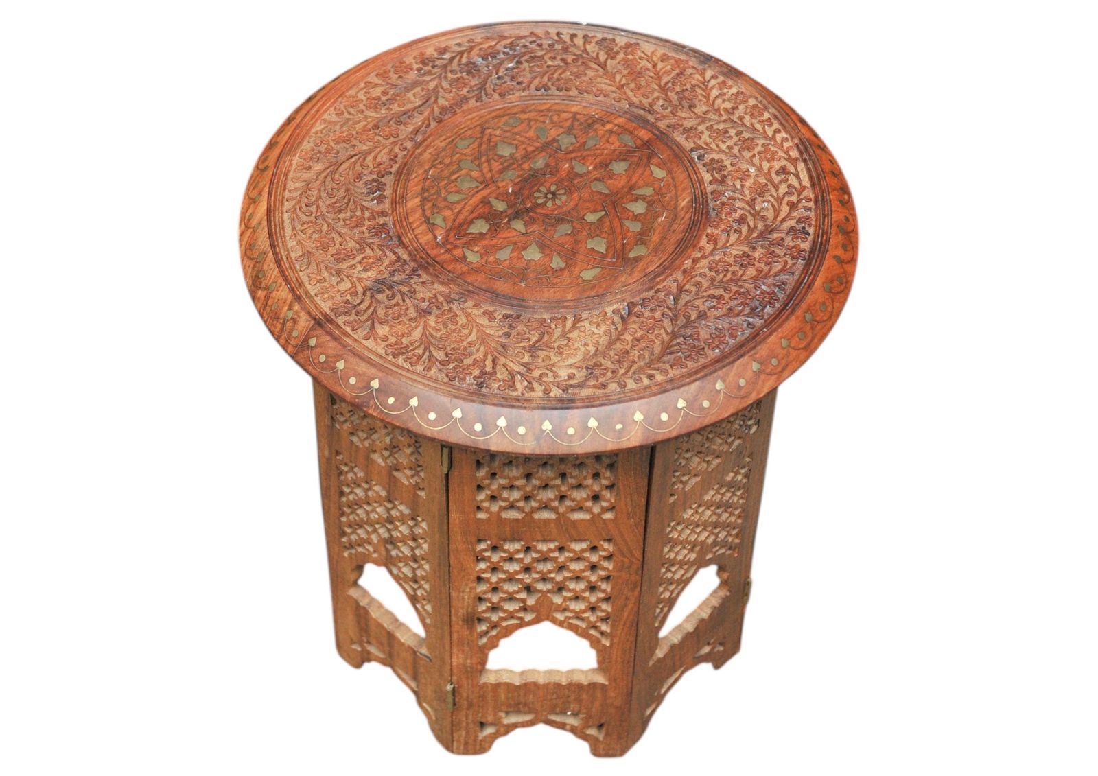 Antique Middle Eastern Circular Carved Table With Repetitive Brass Floral Patterns. photo buy