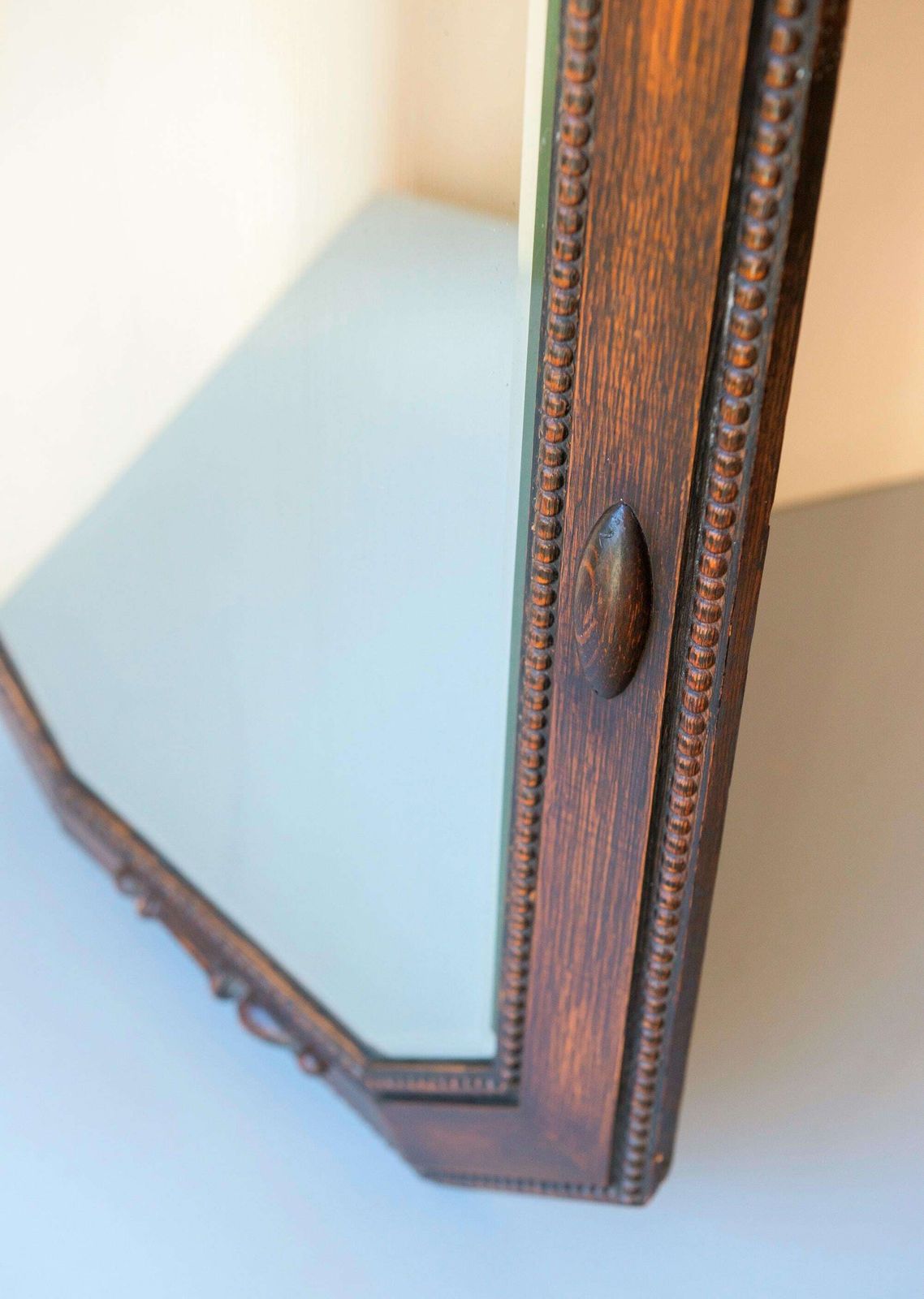 339.0 Art Deco Dutch Oak Wall Mirror   Large Octagonal Beveled Mirror   1920s Geometric Mantel Mirror photo