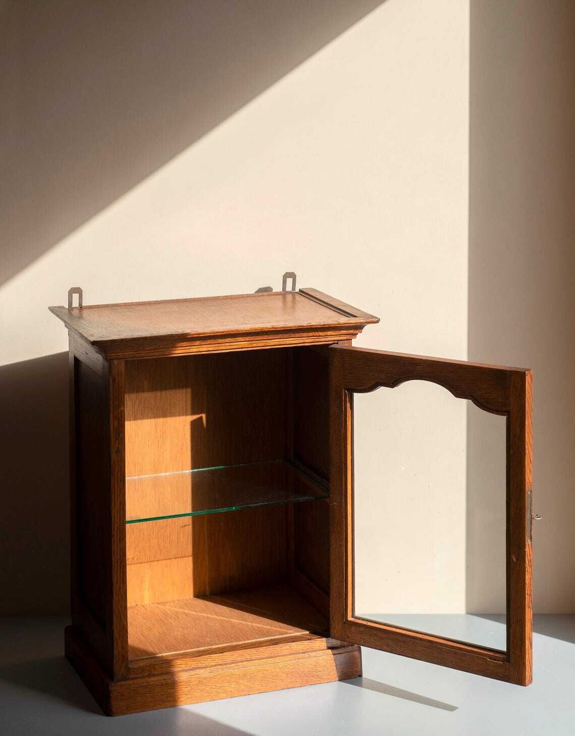 Antique Oak Wall Cabinet  Glass Door Bathroom Cupboard With Lock  Arts And Crafts Display Case photo 384.0