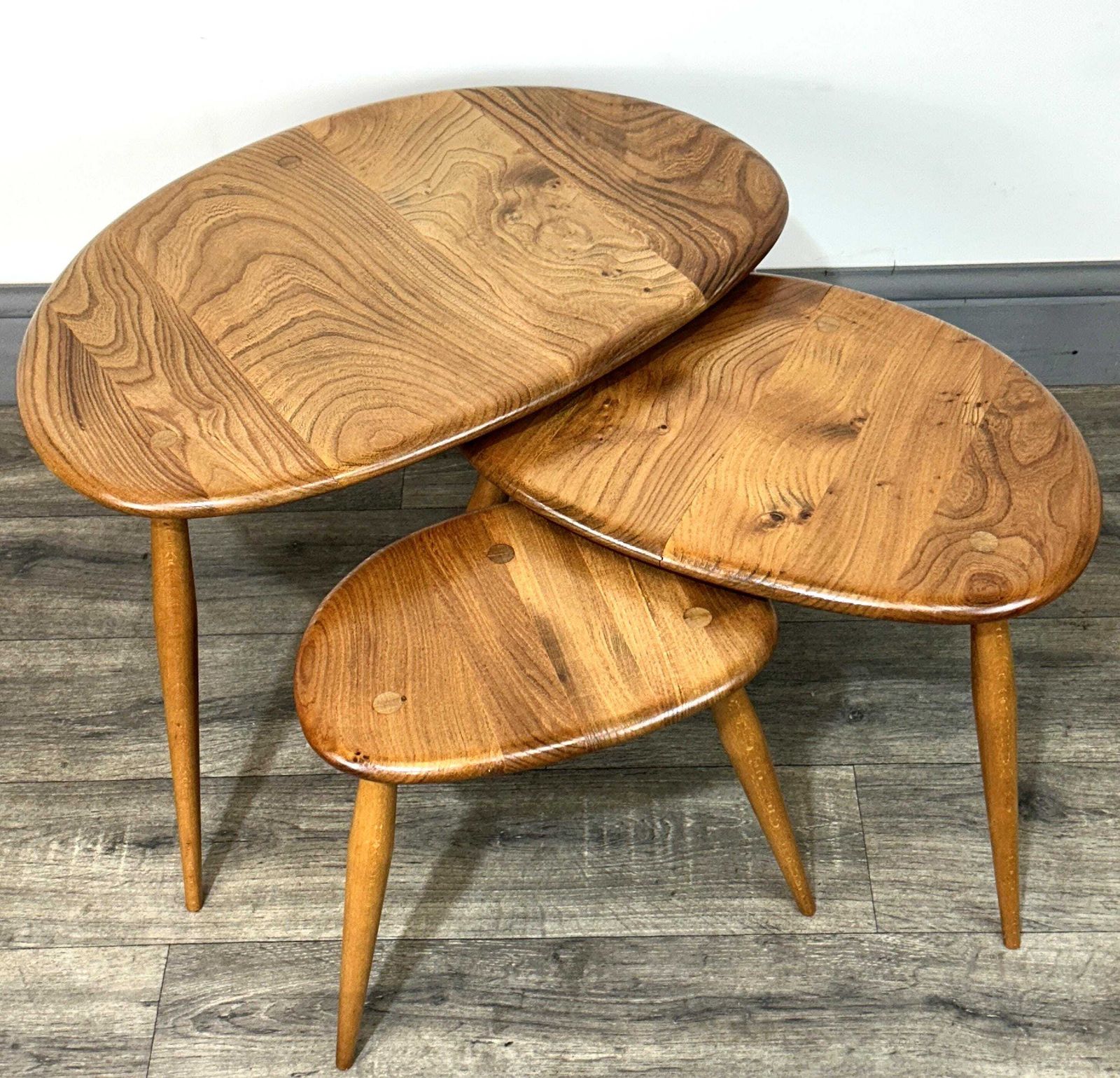 Mid Century 'Blondified' Solid Elm/Beech Nesting Pebble Tables Ercol photo Furniture
