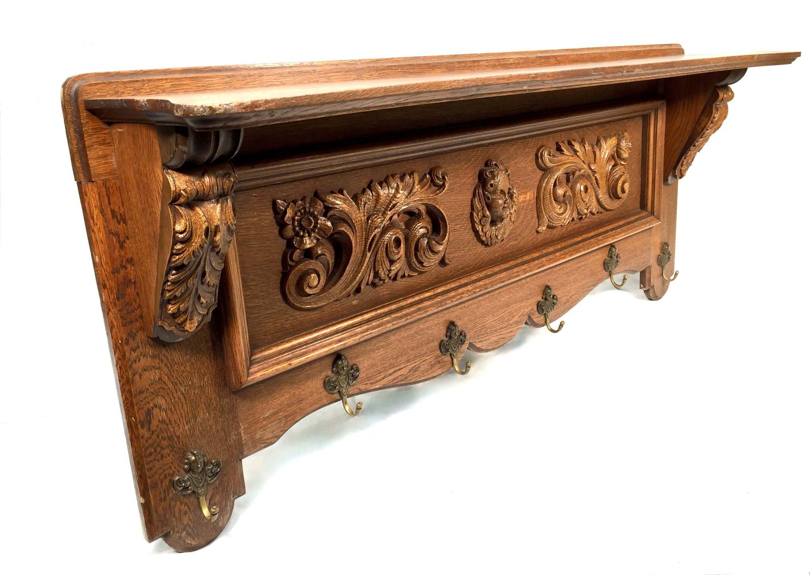 Antique Large Entrance Hall Wooden Oak Wall Mounted Coat Rack & Shelf C.1900