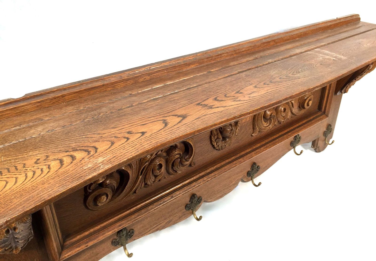 Antique Large Entrance Hall Wooden Oak Wall Mounted Coat Rack & Shelf C.1900 photo buy