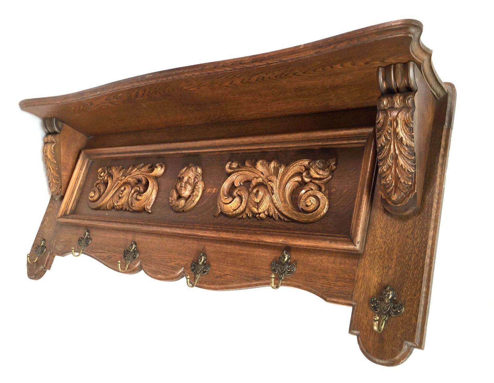 photo buy Antique Large Entrance Hall Wooden Oak Wall Mounted Coat Rack & Shelf C.1900