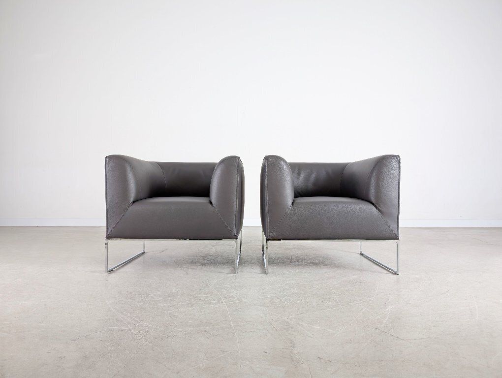 2x Original Cor Mell Armchairs, Leather, Grey Anthracite, Design Lounge photo furniture