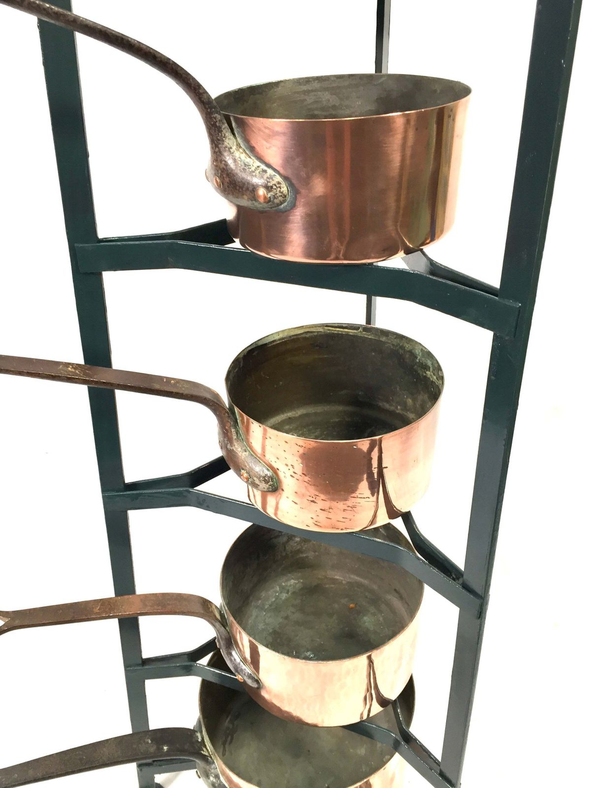 Antique Victorian Kitchen 7 Tier Wrought Iron Stand And Copper Pots / Saucepans photo for sale