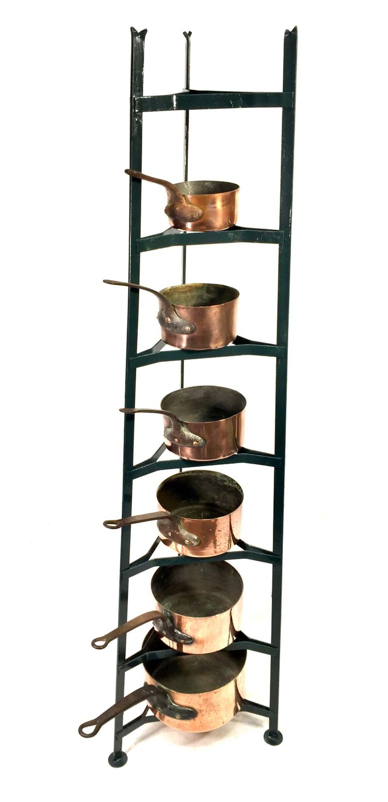 Antique Victorian Kitchen 7 Tier Wrought Iron Stand And Copper Pots / Saucepans photo vinterior