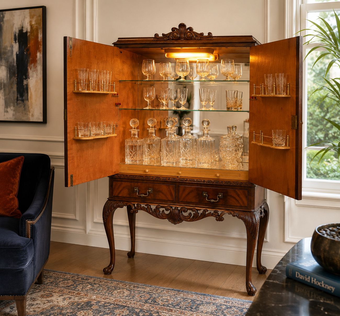 Antique Figured Mahogany Illuminated Cocktail Drinks Cabinet On Stand photo furniture