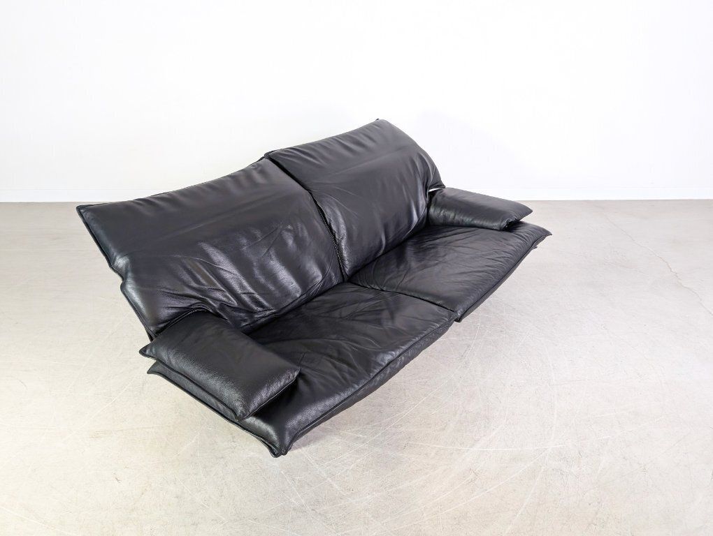 photo furniture Vintage Italian 2 Seater Design Sofa, Black Leather, 1980s