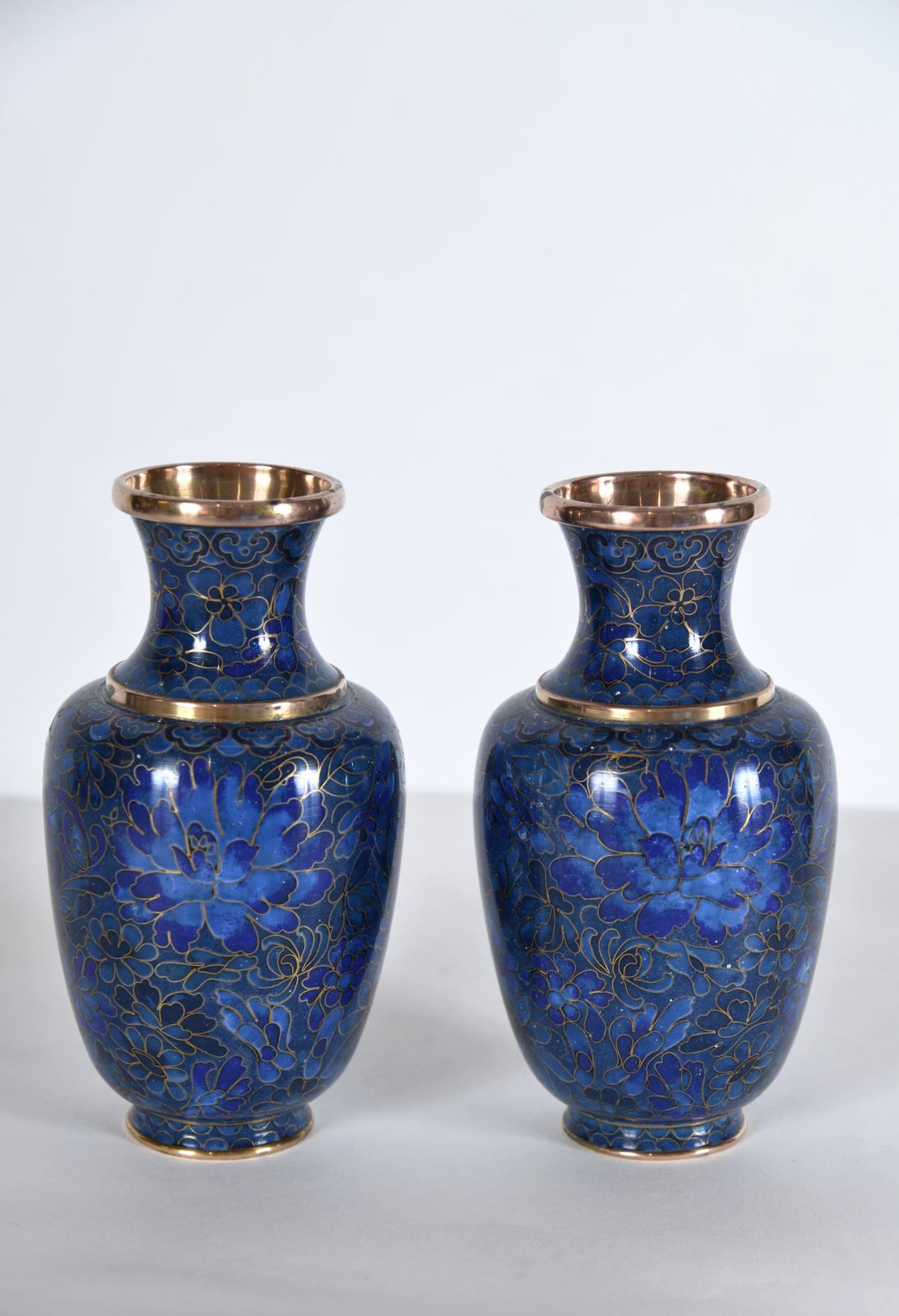 Pair Of Small Japanese Cloisonne Enamel Copper Flower Posy Vases Art Deco 1940s photo furniture
