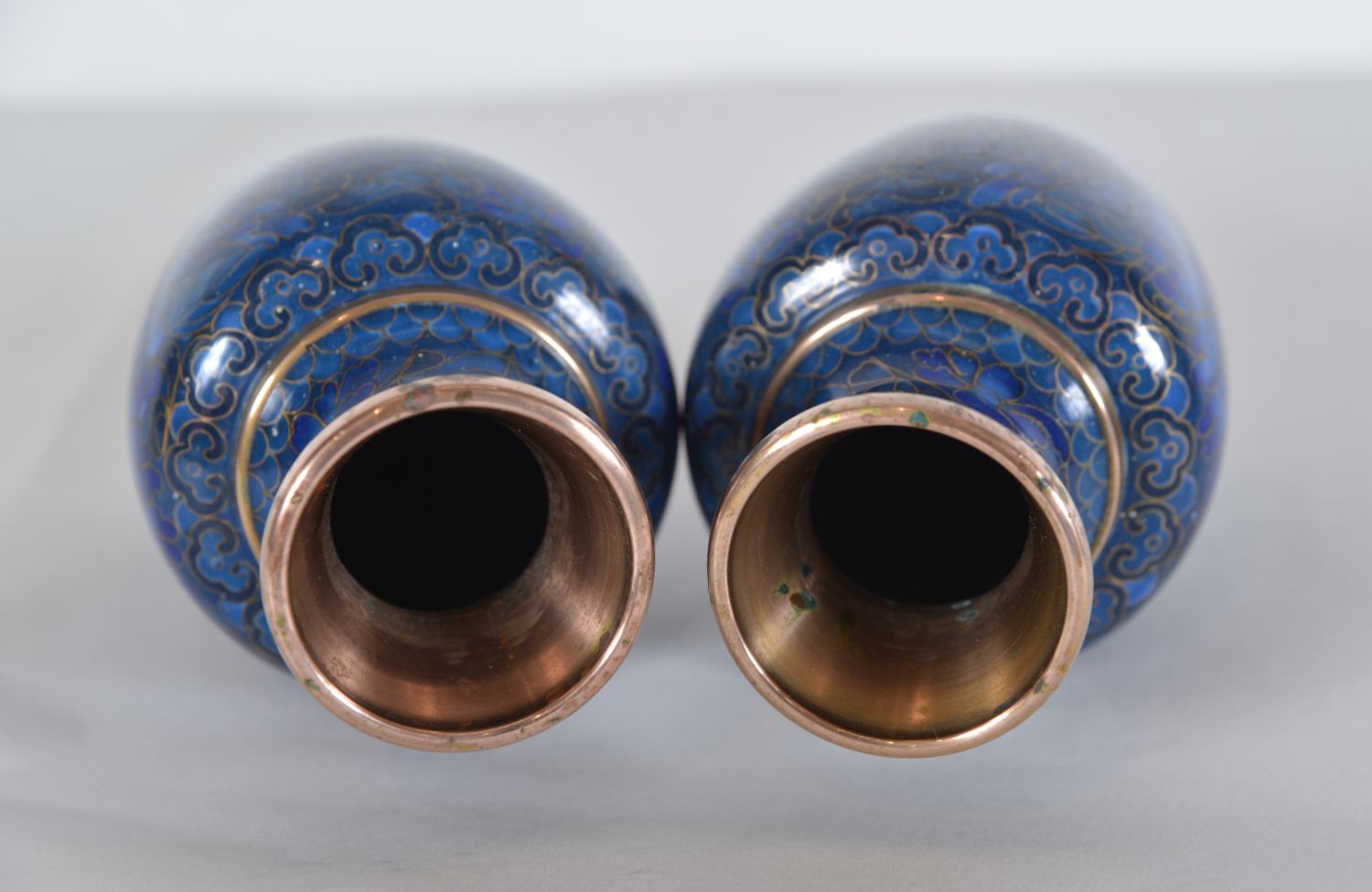photo for sale Pair Of Small Japanese Cloisonne Enamel Copper Flower Posy Vases Art Deco 1940s