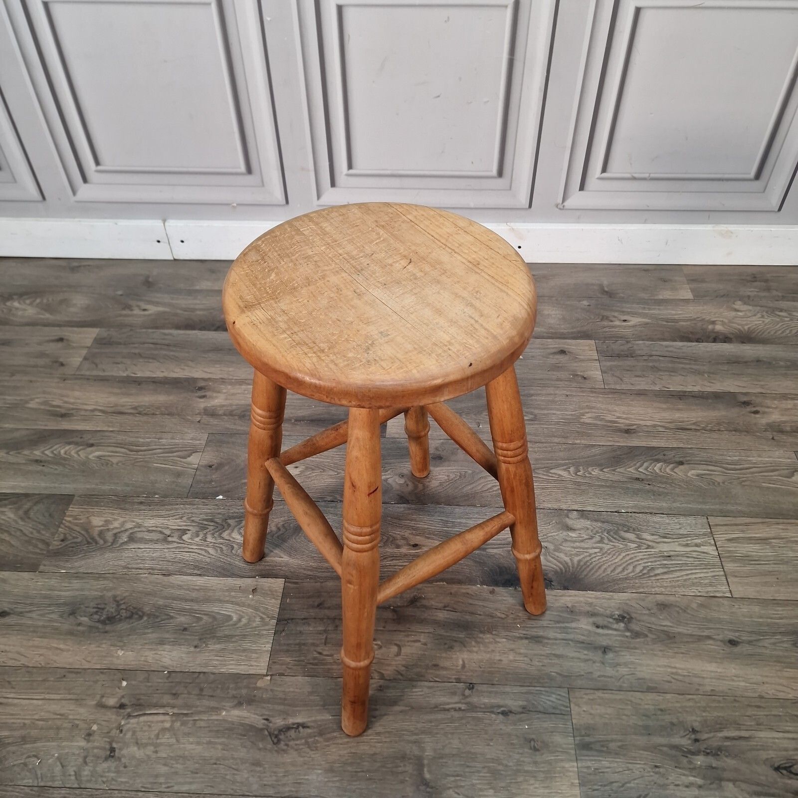 Vintage Rustic Stool   Solid Turned Wooden Farmhouse Kitchen Milking Pub Seat photo furniture
